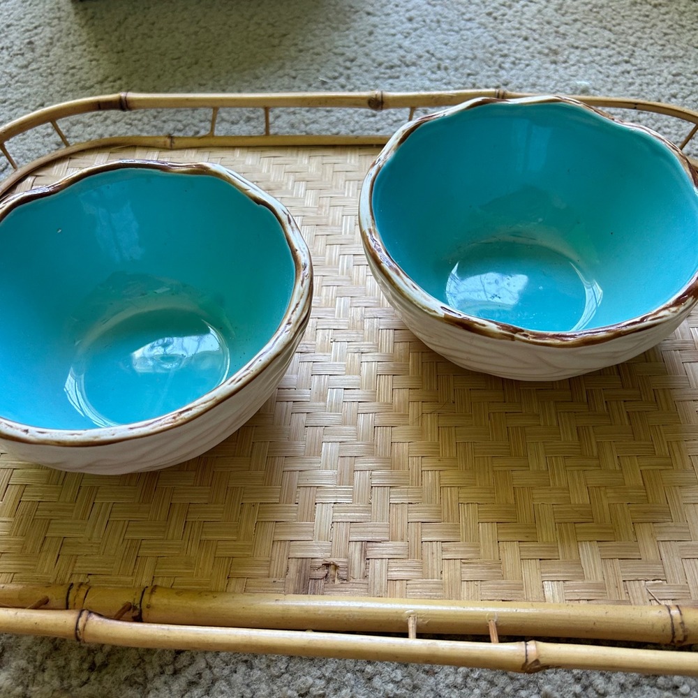 Jeremie Faux Bois Stoneware Bowls Set of 2 Aqua Bird Branch White Rare 6.5"